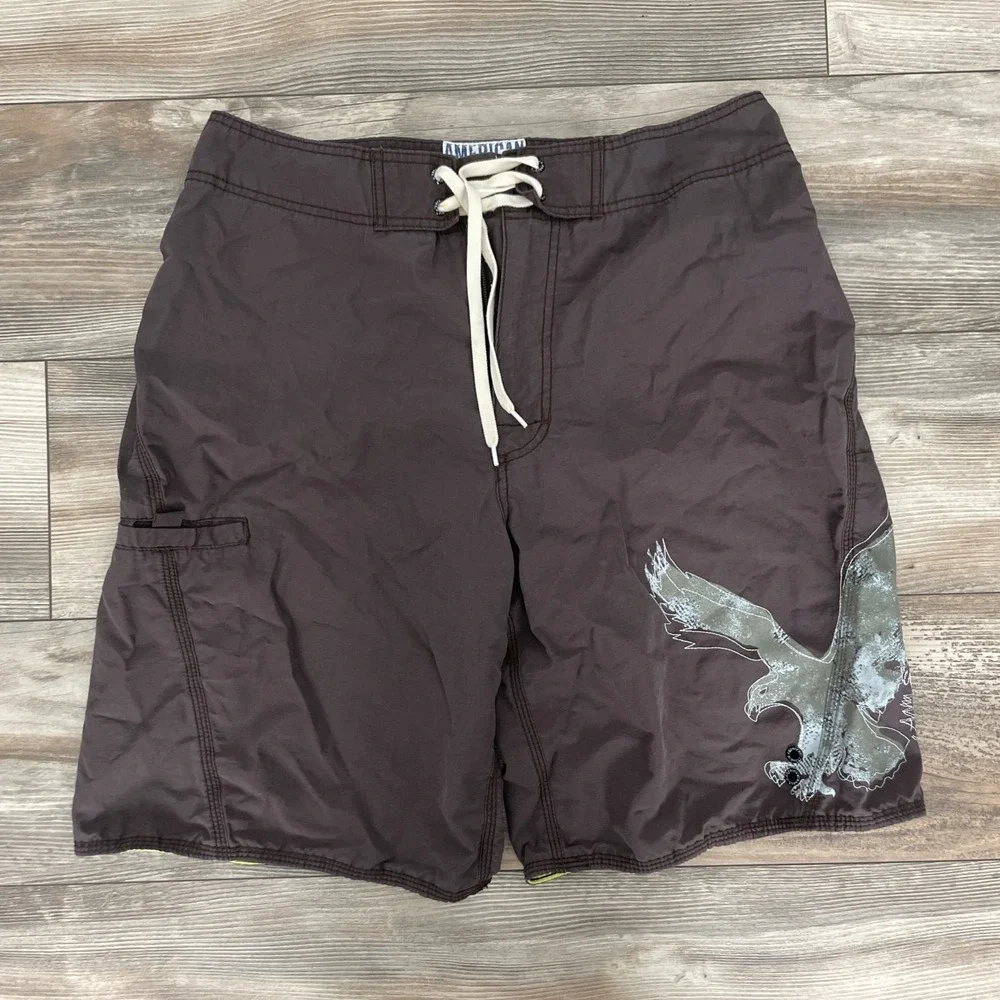American Eagle Mens Board Shorts 32 Brown Eagle Logo Pockets Swim Trunks